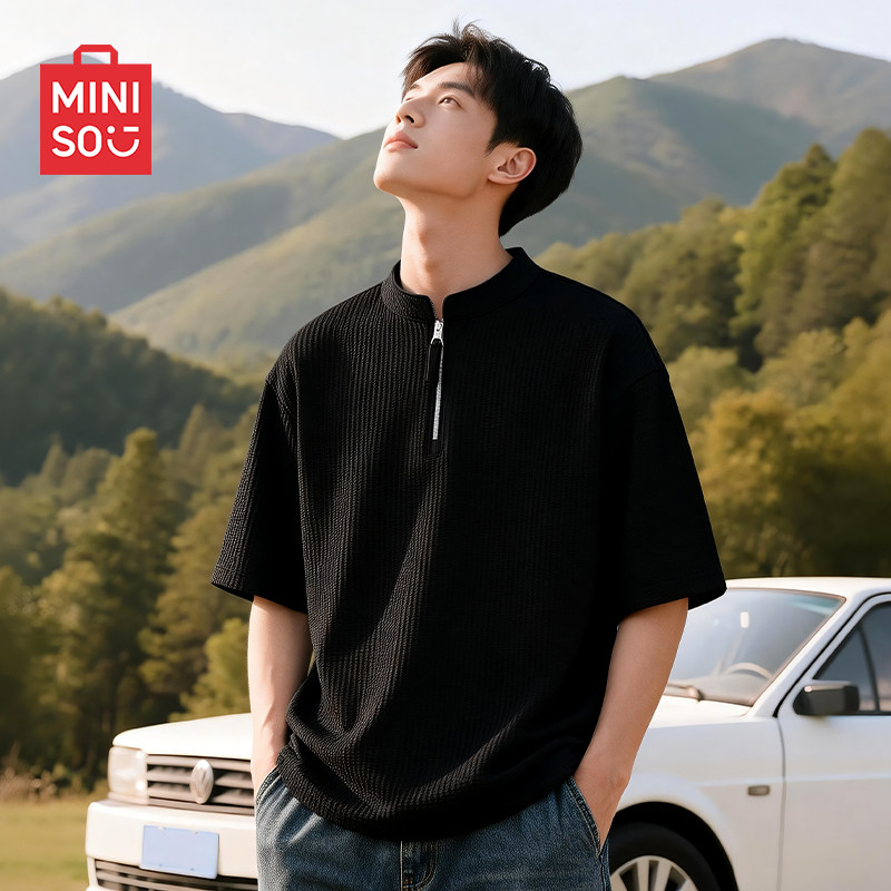 名创优品半拉链T恤男美式黑色高级感五分袖夏天户外吸湿速干短袖A