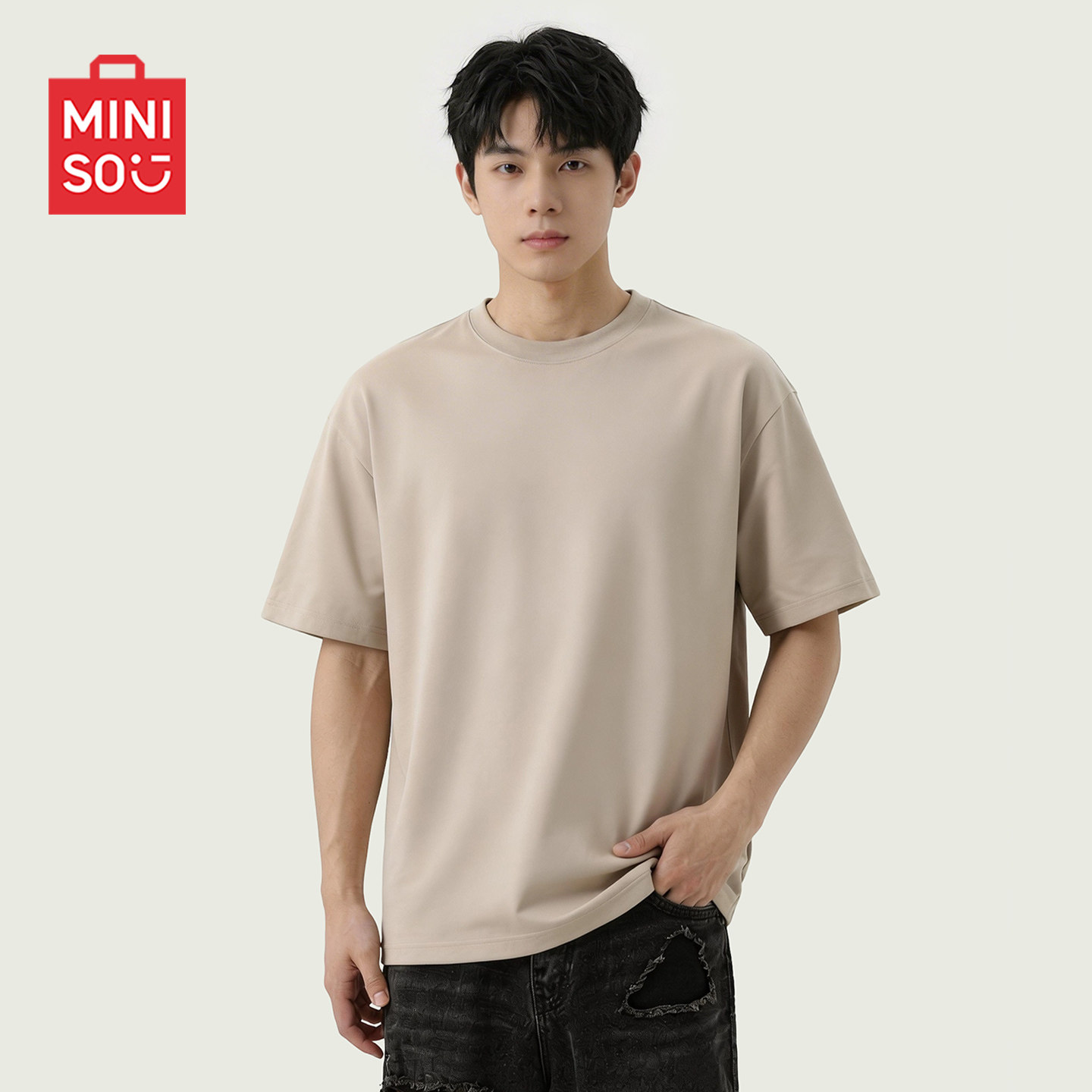 MINISO/名创优品纯棉短袖t恤男夏季正肩半袖高级感重磅圆领体恤Y