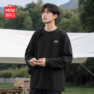 名创优品打底衫男士秋季轻奢质感风黑色t恤衫宽松重磅纯棉长袖男A