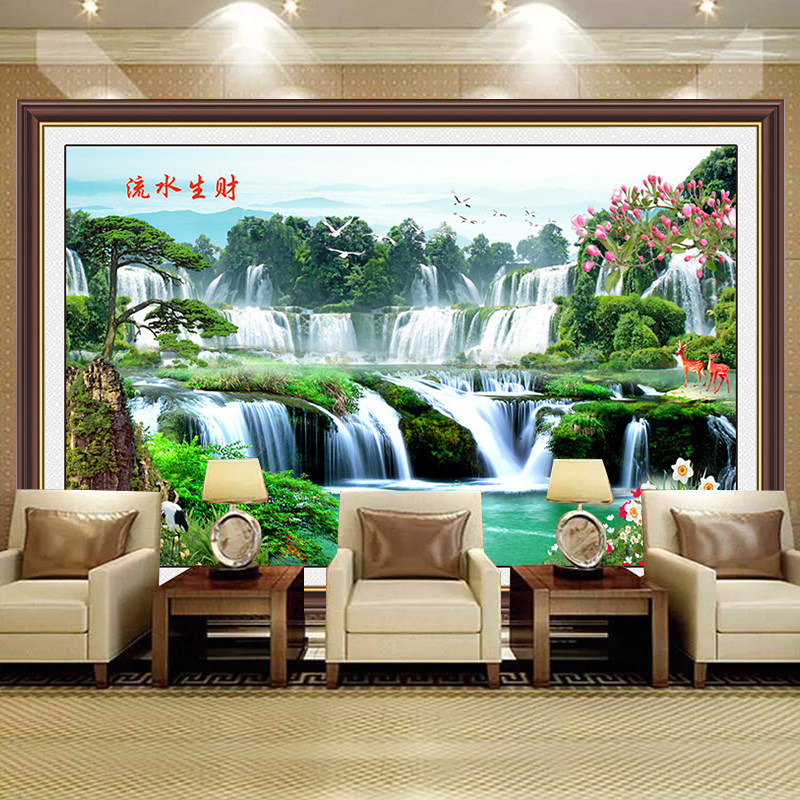 自粘画流水生财墙壁画山水风景画卧室贴画客厅装饰画沙发背景墙贴