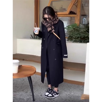 黑色正肩双面羊毛大衣女秋冬2024新款小个子羊毛中长款呢子外套