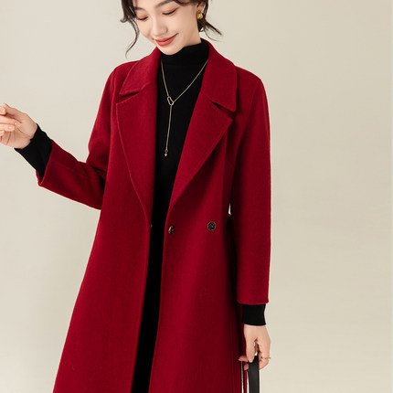 红色结婚双面羊绒大衣女2024新款冬季中长款修身气质羊毛呢子外套