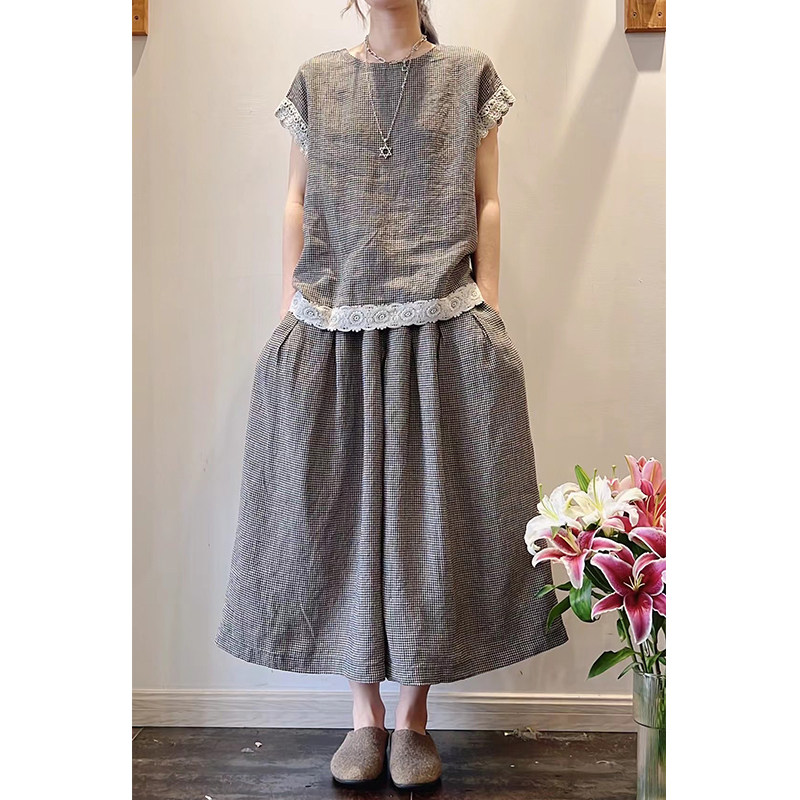 日系格子亚麻套装女夏设计感蕾丝花边短袖T恤七分阔腿裤裙两件套