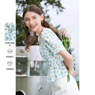 2026年夏季 泡泡袖 新款 方领衬衫 衬衣上衣 碎花法式 betu百图女装