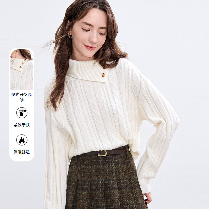 betu百图高领设计感麻花毛衣女2025年冬季新款慵懒风白色针织衫