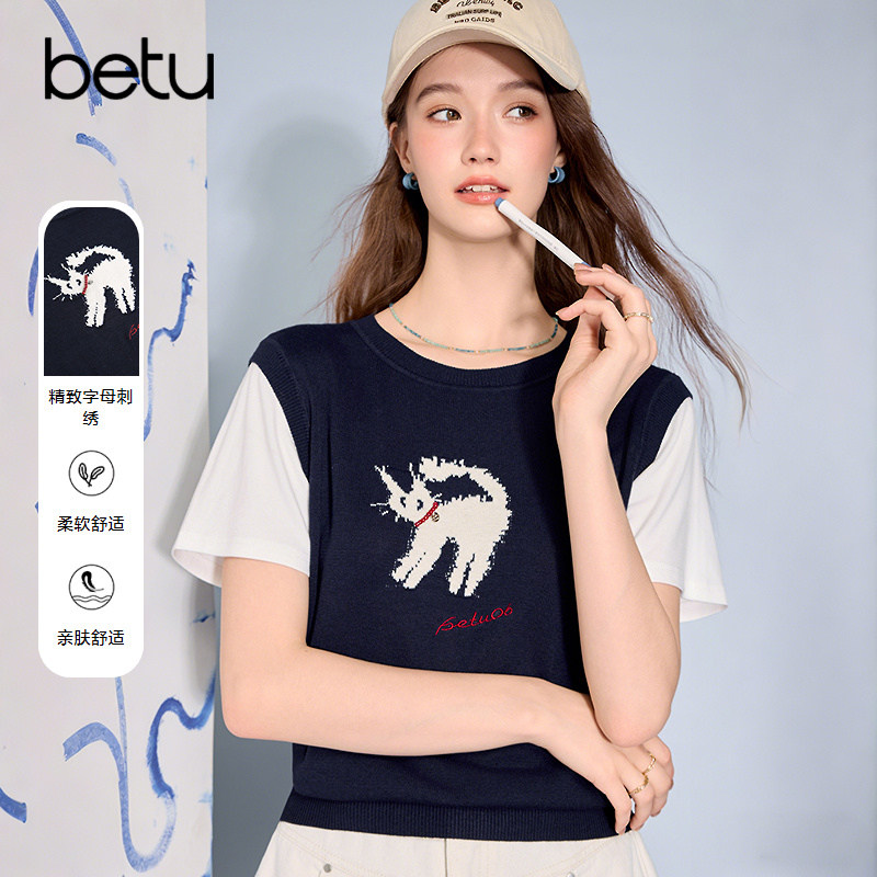 betu百图撞色猫咪刺绣针织衫女短袖2026年秋季新款短款百搭线衣