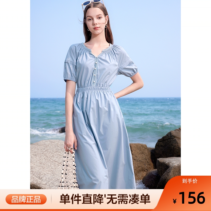 betu百图蓝色气质泡泡袖连衣裙2025年夏季新款高腰桔梗裙中长裙