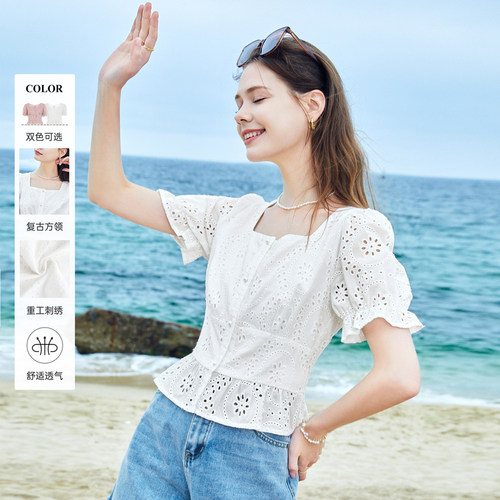 betu百图女装2026年夏季新款镂空蕾丝白色衬衫短袖方领衬衣上衣