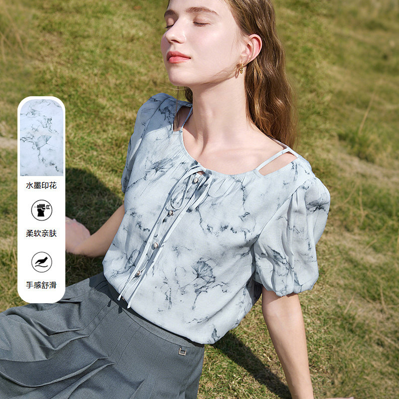 betu百图系带水墨印花衬衫女泡泡袖2026年夏季新款宽松短袖衬衣