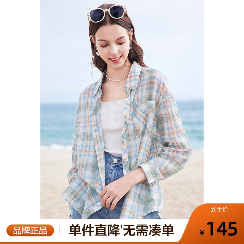 betu百图2025年夏季新款复古港味格子衬衫女长袖纯棉衬衣防晒衫