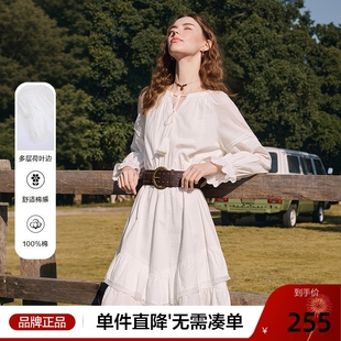 新款 蕾丝荷叶边连衣裙女2026年春季 百图法式 白色气质收腰裙 新品