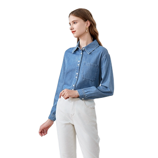 betu百图女装2025年秋装新款翻领港风牛仔衬衫宽松纯棉上衣