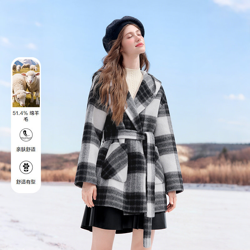 betu百图黑白格羊毛双面呢外套女2025年冬季新款中长款呢子大衣