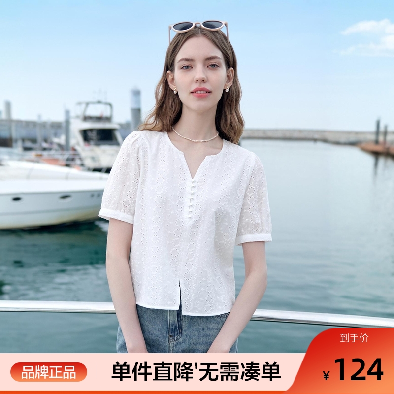 betu百图法式镂空刺绣V领衬衫女短袖2025年夏季新款纯棉白衬衣