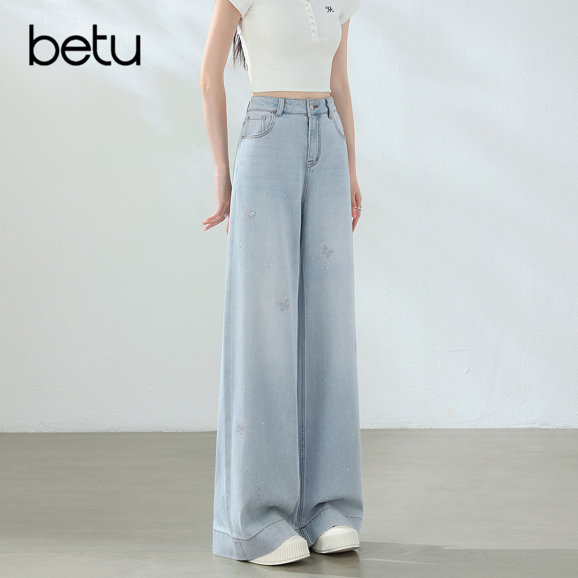 betu百图别致烫钻蝴蝶刺绣牛仔裤女2026年夏季新款高腰阔腿长裤