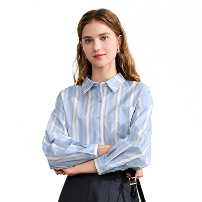 betu百图设计感别致蓝白条纹衬衫女2025年秋季新款宽松纯棉衬衣