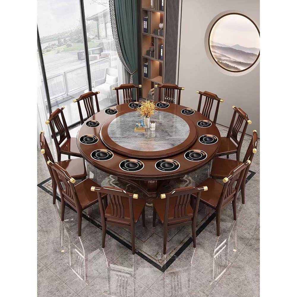 中式圆形实木餐桌椅组合带电磁炉一人一锅商用一体小火锅桌大圆桌