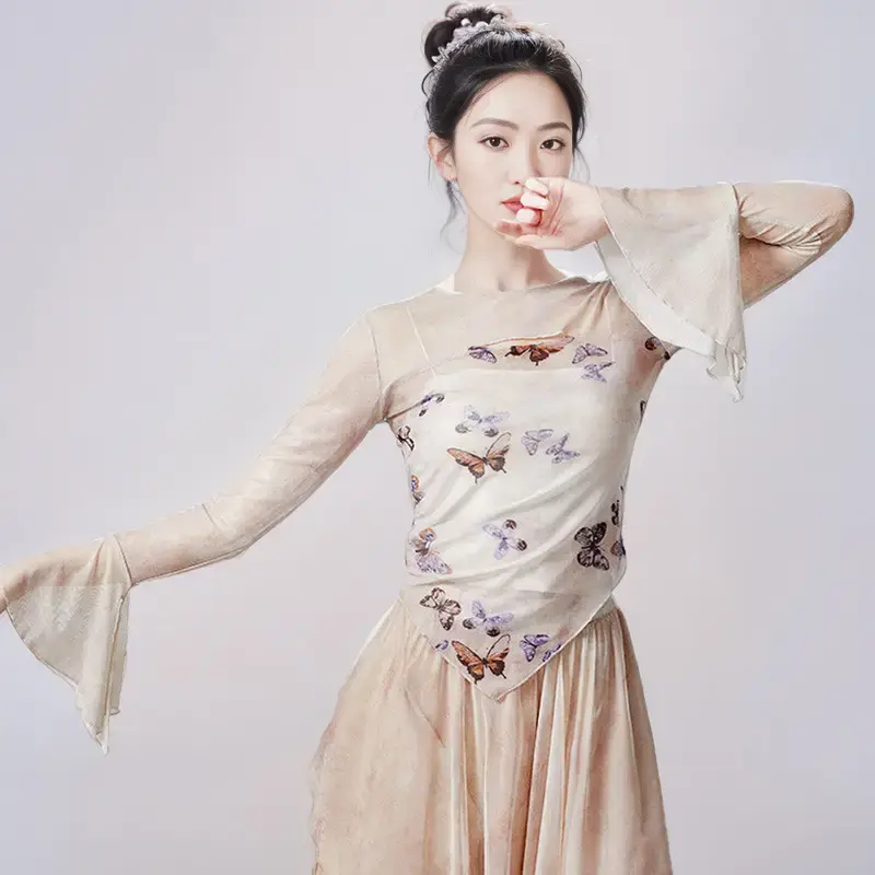 古典舞蹈演出服舞蹈摆裙印花飘逸纱衣女童装中国舞练功表演服套装