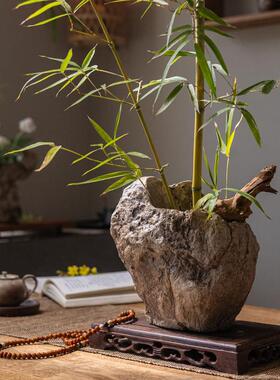 不规则造型彷石头花盆创意桌面装饰绿植花器侘寂风覆古花瓶摆件