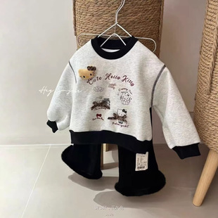 女童秋冬季卫衣套装新款儿童卡通印花加绒加厚打底衫宽松圆领上衣