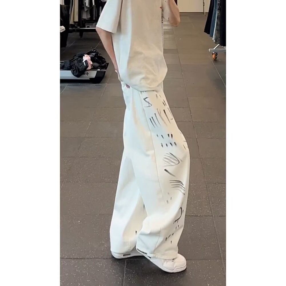 磨毛男阔腿裤男士破洞宽松牛仔裤印花高街薄款显瘦休闲裤美式运动,男装牛仔裤,星座513A