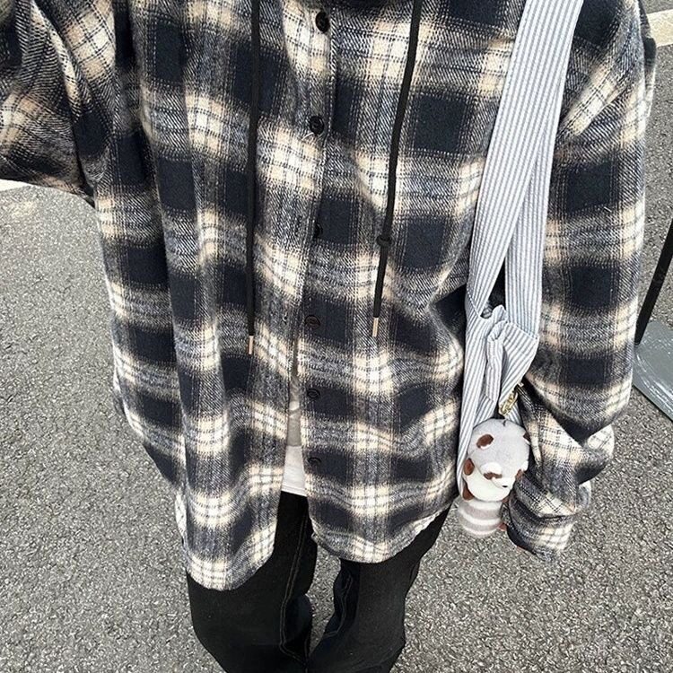 格子连帽上衣男潮牌格纹长袖衬衫情侣款外套小众513ACS2262P39,男装衬衫,星座513A
