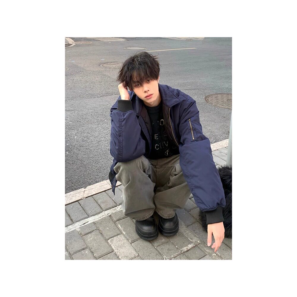 美式cleanfit短款外套男秋季翻领黑色bomber飞行员夹克潮牌棒球服,男装夹克,星座513A