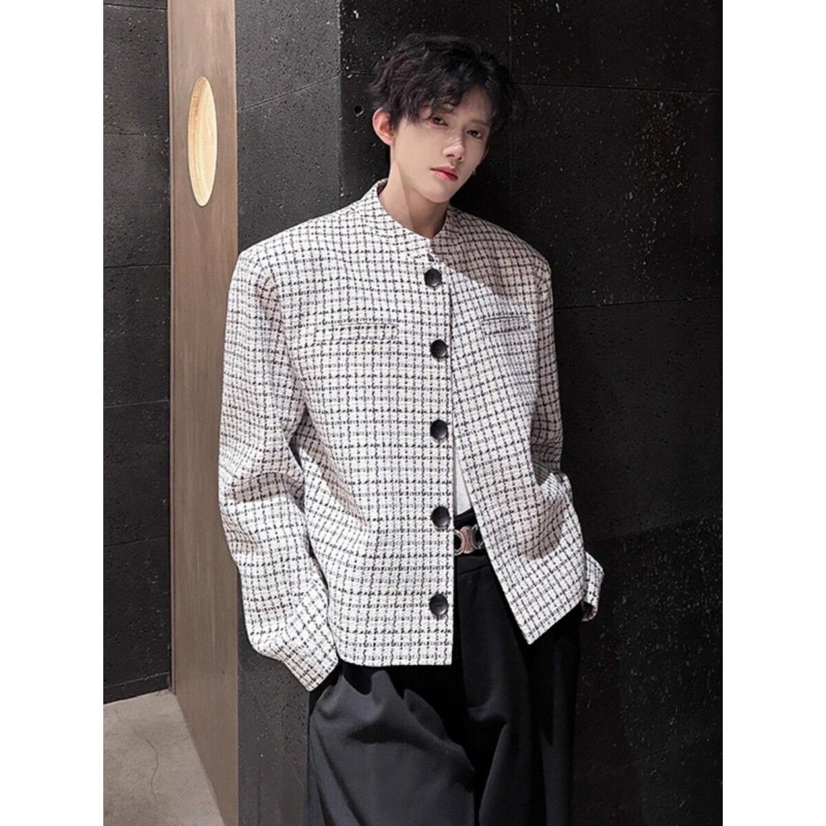 小香风垫肩格子短款西装外套男潮流百搭立领夹克513AWT2131P55,男装夹克,星座513A