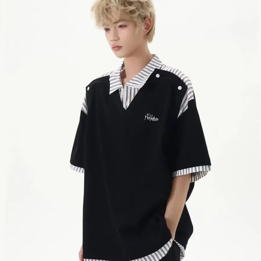 夏新条纹拼接假两件翻领Polo衫学院风宽松短袖T袖男513APL501P37，商品下架区商品下架区，星座513A