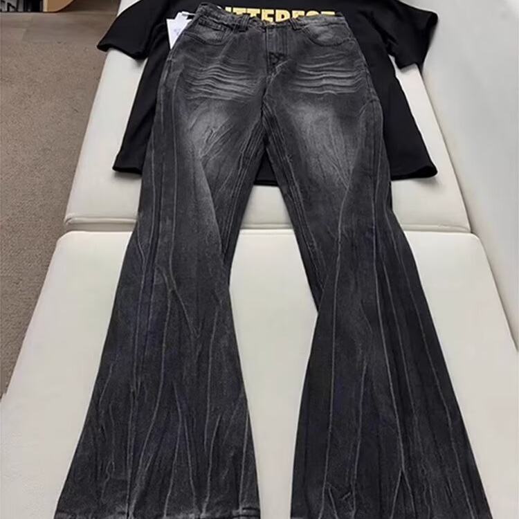 蓝色闪电纹牛仔裤男女款美式vibe修身直筒微喇裤水洗做旧弯刀裤子，男装牛仔裤，星座513A