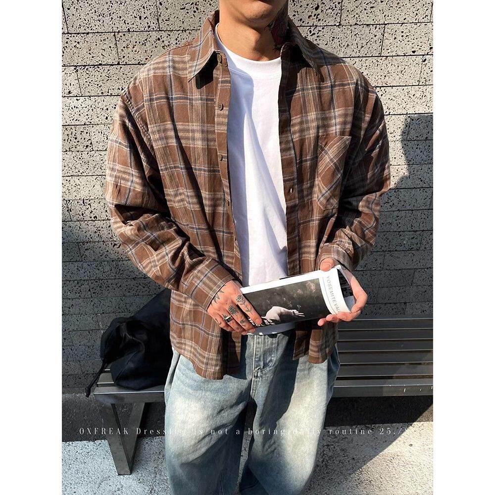 粉红色格子衬衫男款多巴胺穿搭外套春季日系复古休闲翻领长袖衬衣图片