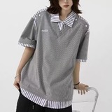 夏新条纹拼接假两件翻领Polo衫学院风宽松短袖T袖男513APL501P37，商品下架区，星座513A