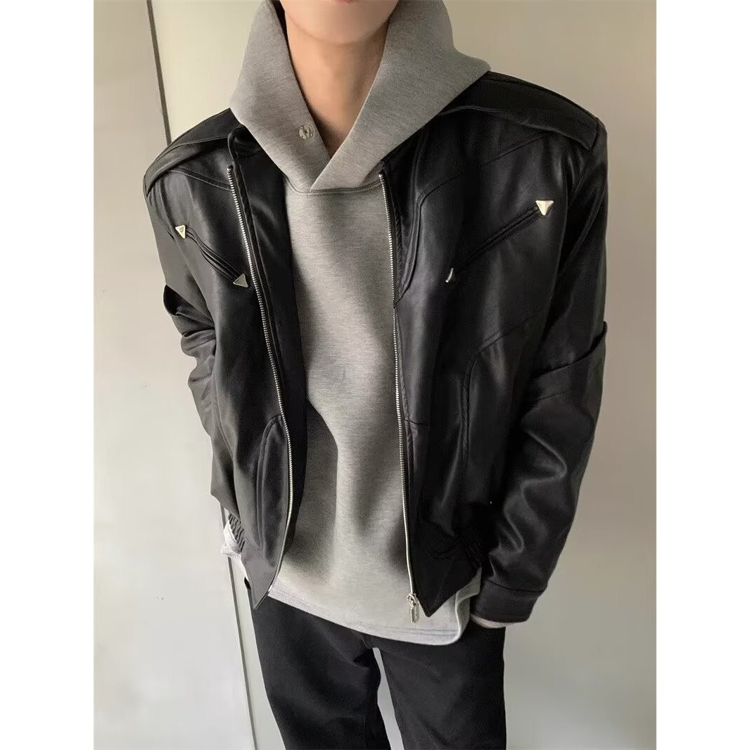 皮衣外套男新款美式潮牌宽松休闲垫肩夹克机车服513APY2316P77,男装皮衣,星座513A