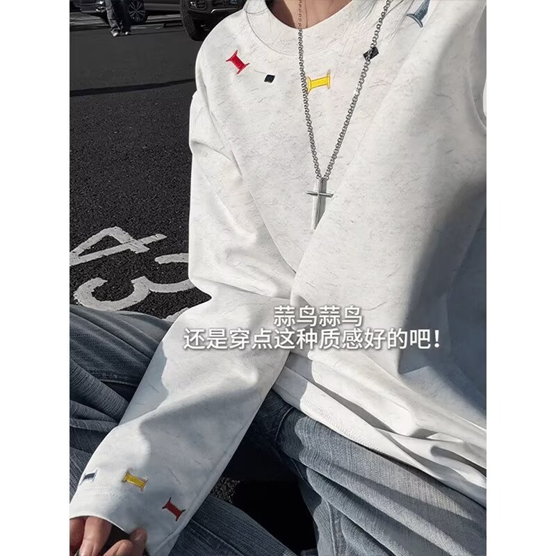 美式高街重磅刺绣长袖t恤男女圆领正肩长袖休闲上衣513ACT2300P35,男装T恤,星座513A