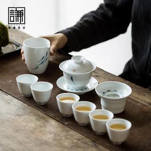简约纯手绘陶瓷盖碗家用客厅小套型送礼盒装 整套功夫茶具泡茶套装