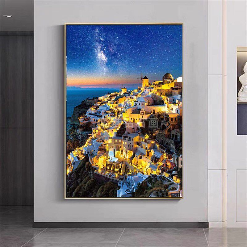 欧式DIY方钻满钻钻石画爱情y海圣托里尼岛星辰大海夜景贴钻十字绣