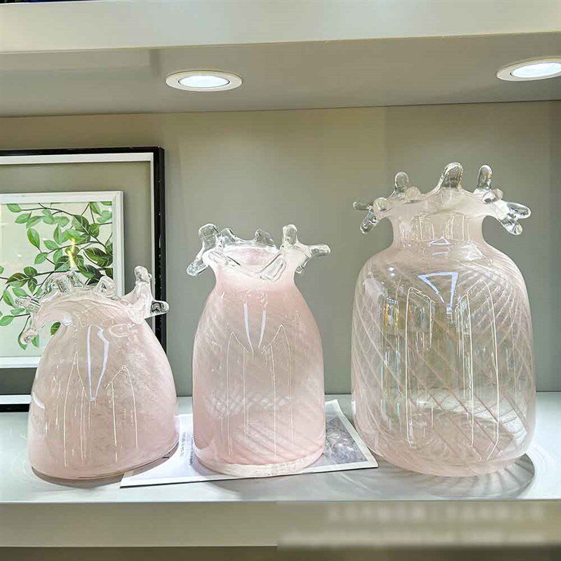 轻奢现代樱花粉玻璃花瓶创意水培C插花样板间售楼客厅餐桌送人礼