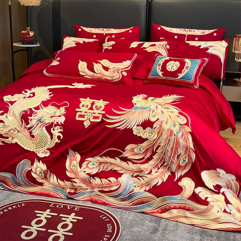 婚庆四件套大红全棉龙凤结婚房嫁喜庆被罩新房U嫁礼床上用品4,床上用品,婚庆床品套件,淘宝优惠券,粉丝福利购,淘宝优惠卷