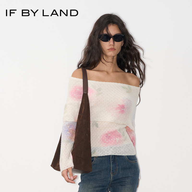 IF BY LAND 设计师品牌25秋季新款花卉印花绵羊毛一字肩上衣女