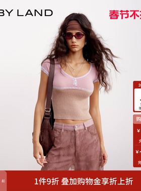 IF BY LAND 设计师品牌2026春季新品紫色拼接圆领修身针织衫