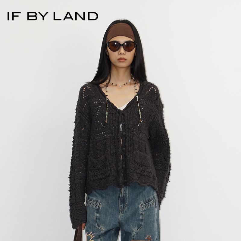 IFBYLAND深灰色钩花针织开衫女