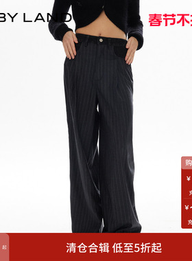 IF BY LAND 秋季新款深灰色牛仔拼接条纹精纺西装阔腿裤