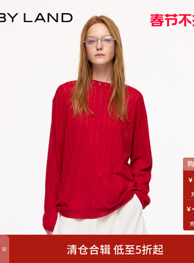 IF BY LAND easecore系列2025春季新款红色钉珠圆领针织衫长袖女