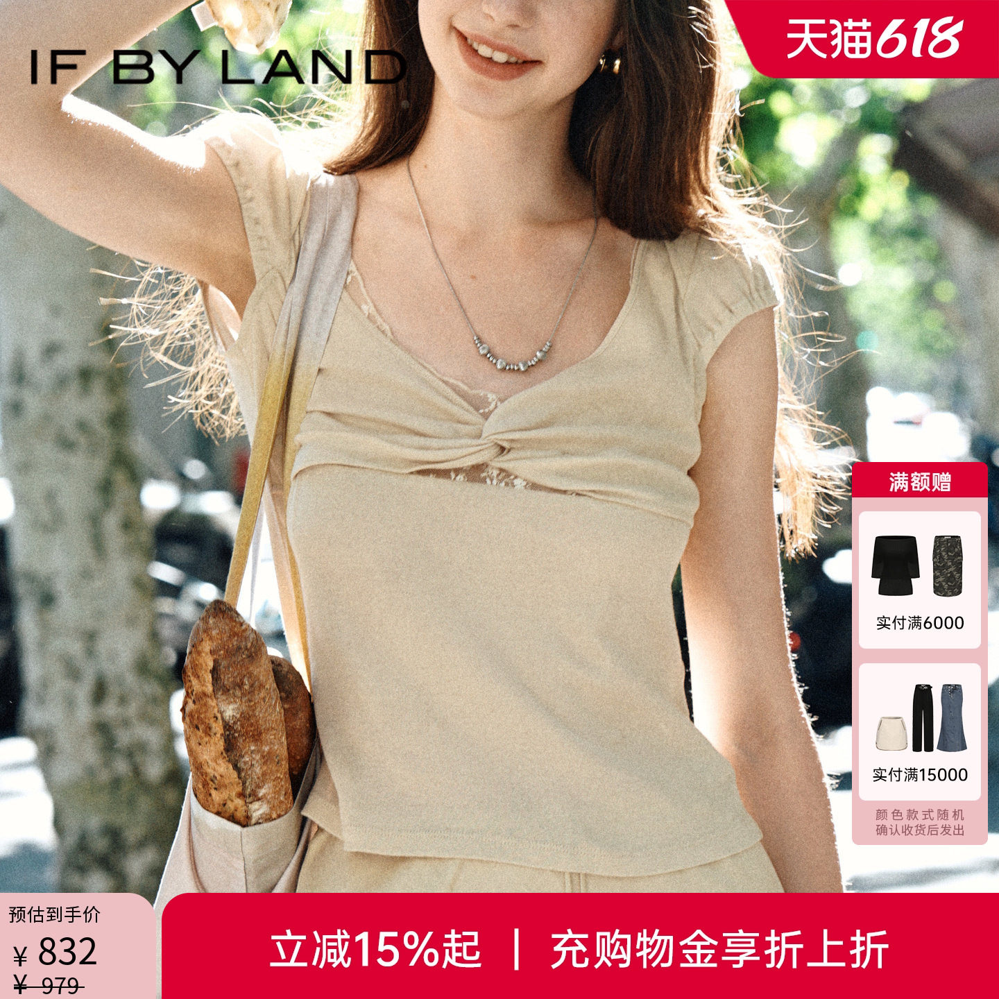if by land-柔软蕾丝系列26夏季新品浅蓝色纽结蕾丝泡泡袖T恤短袖