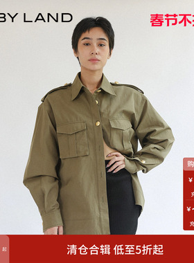 IF BY LAND 设计师品牌 军绿色长袖简约休闲双口袋衬衫上衣女