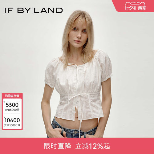 IF BY LAND刺绣系带泡泡袖T恤