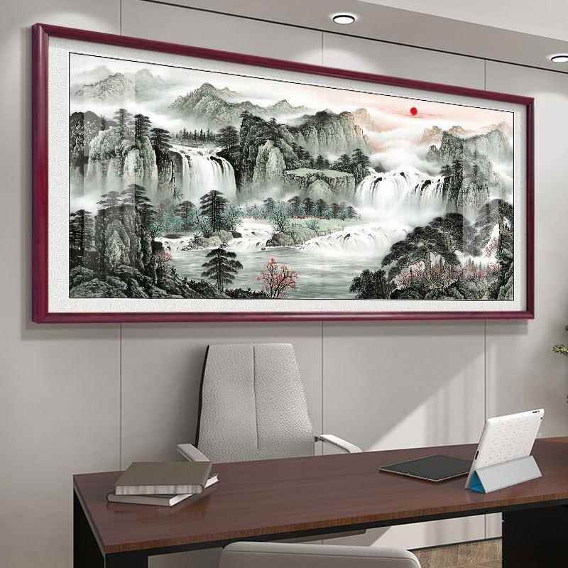 流水生财壁画2023新款客厅茶台背景墙装饰挂画办公室风.景山水字