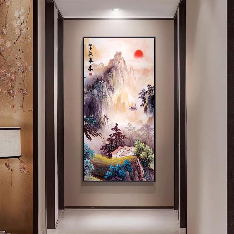 网红新中式门玄关k高山流水生财装饰壁画版竖迎客松过道山水进客