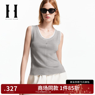 U型领口假两件金属字母上衣女装 SEASONHIGH女士春季 无袖 针织衫 款