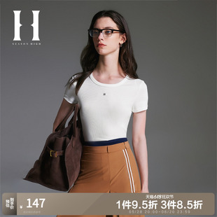 SEASONHIGH女士夏季 圆领T恤金属字母装 饰百搭清凉基础款 上衣女装